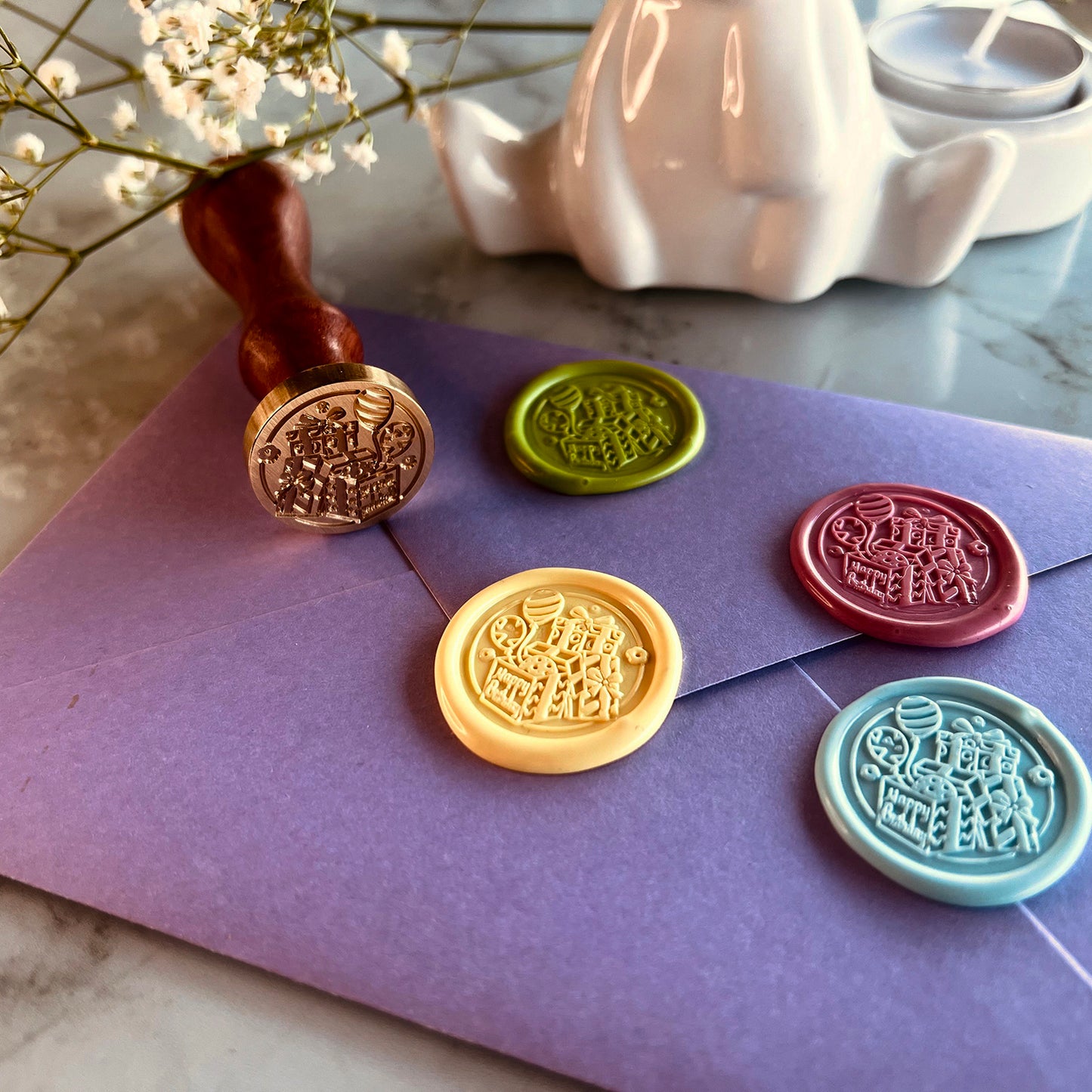 Happy Birthday Wax Seal Stamp - Gifts & Balloons (25mm)