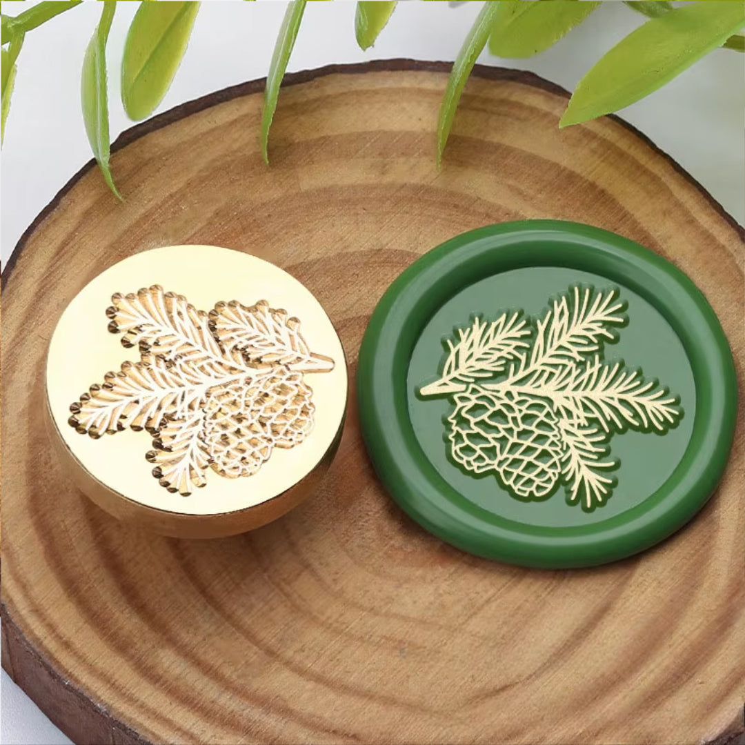 Pine Cone & Fir Branch Wax Seal Stamp – Botanical Winter Brass Stamp size 25mm