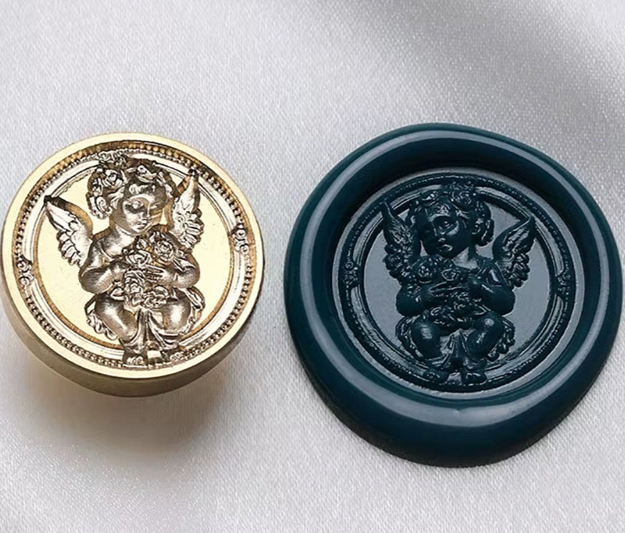 Angel with Flowers Brass Wax Seal Stamp - Round Brass Stamp size 25mm
