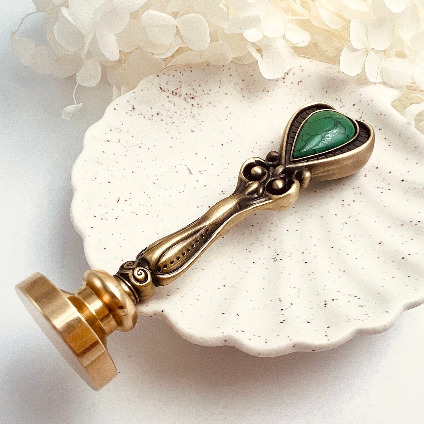 Luxury Brass Wax Seal Handle with Green Inlay 39g