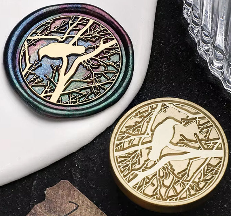 Crow on Tree Branch Wax Seal Stamp – Gothic Halloween Bird Brass Stamp size 30mm