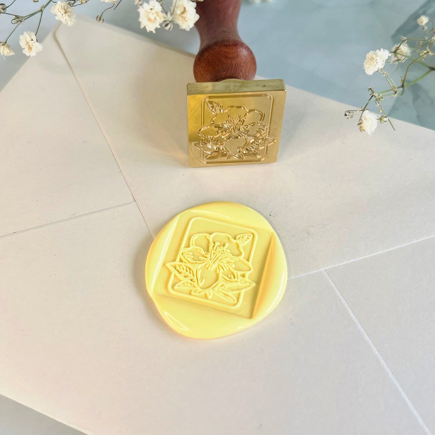 Floral Brass Wax Seal Stamp – Botanical Design, Square 25x25mm