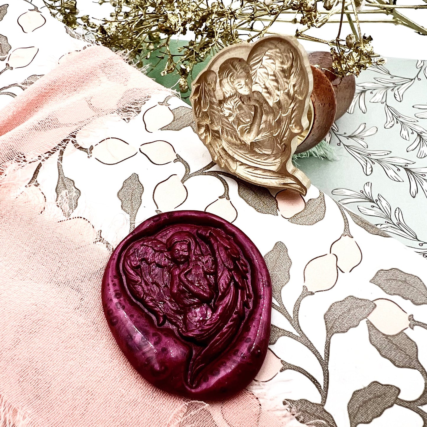 Angel Embracing Heart Wax Seal Stamp - Brass Romantic Stamp size 22x29 mm.
