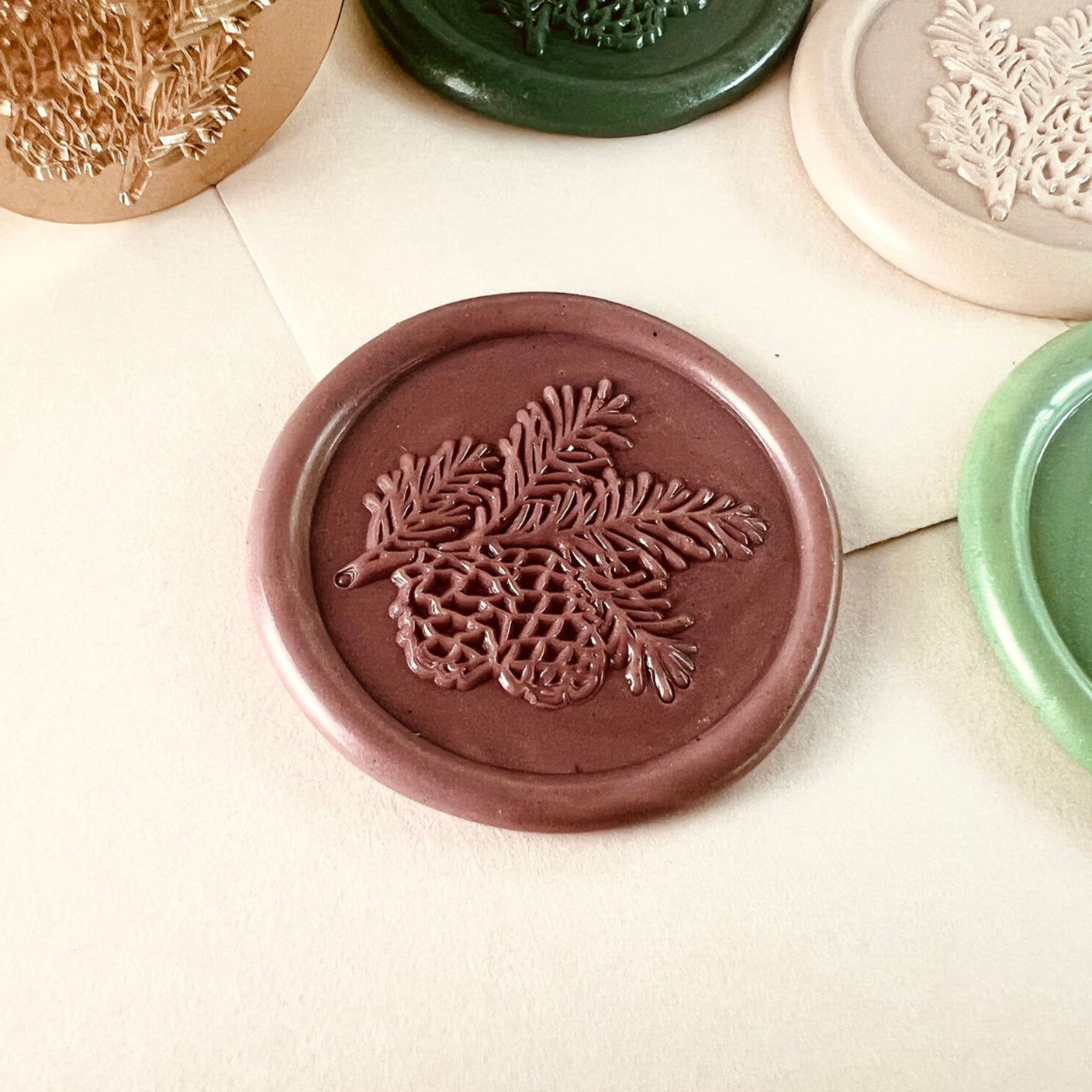 Pine Cone & Fir Branch Wax Seal Stamp – Botanical Winter Brass Stamp size 25mm