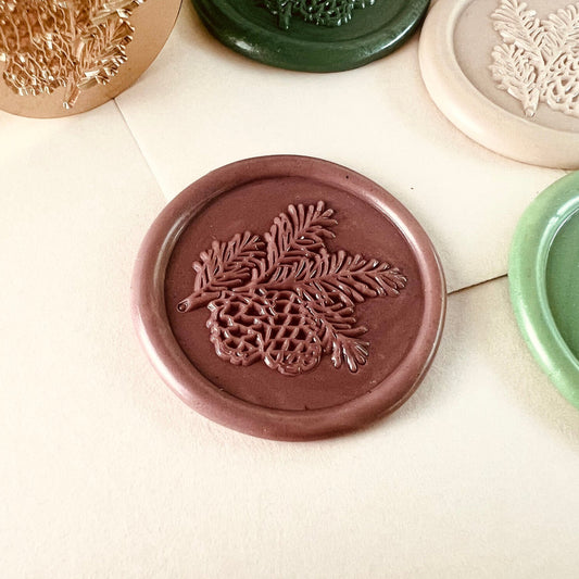 Pine Cone & Fir Branch Wax Seal Stamp – Botanical Winter Brass Stamp size 25mm