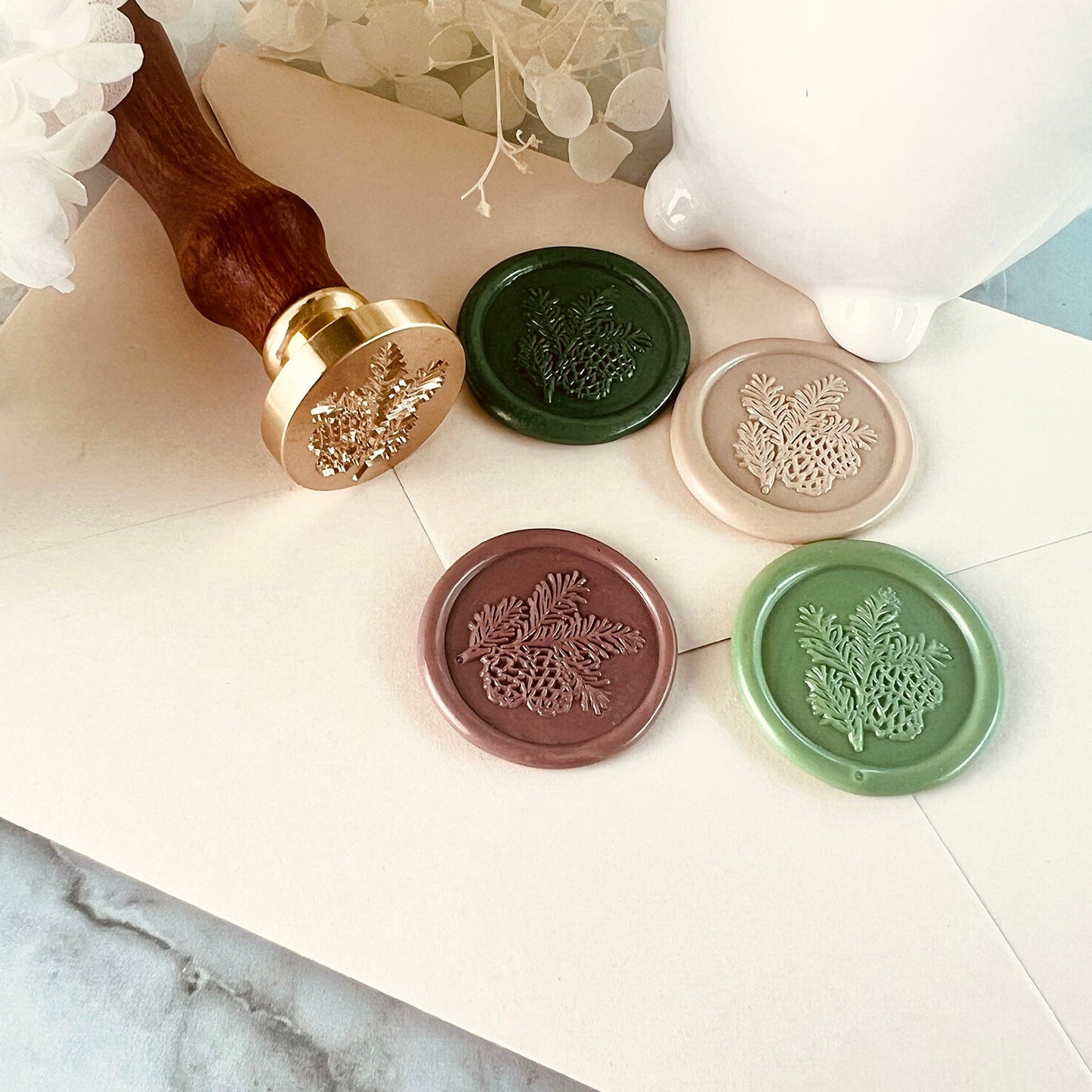 Pine Cone & Fir Branch Wax Seal Stamp – Botanical Winter Brass Stamp size 25mm