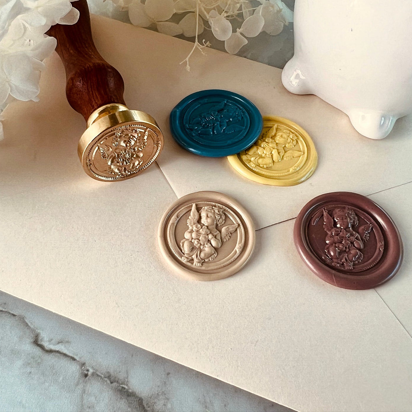 Angel with Flowers Brass Wax Seal Stamp - Round Brass Stamp size 25mm
