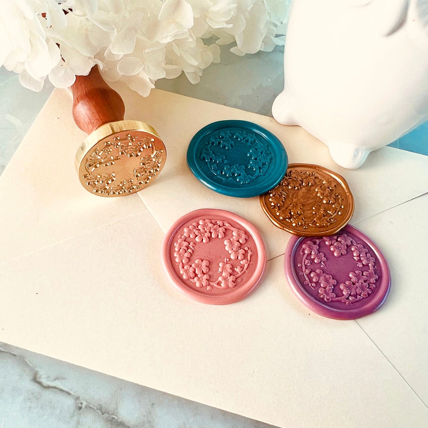 Cherry Blossom Wreath Wax Seal Stamp | Floral Brass size 30mm