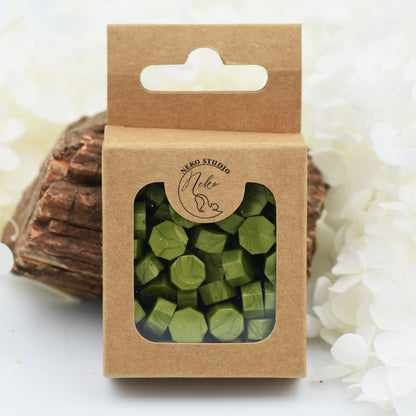 L18 – Olivewood Wax Seal Beads | Shimmery Olive Green 30g.