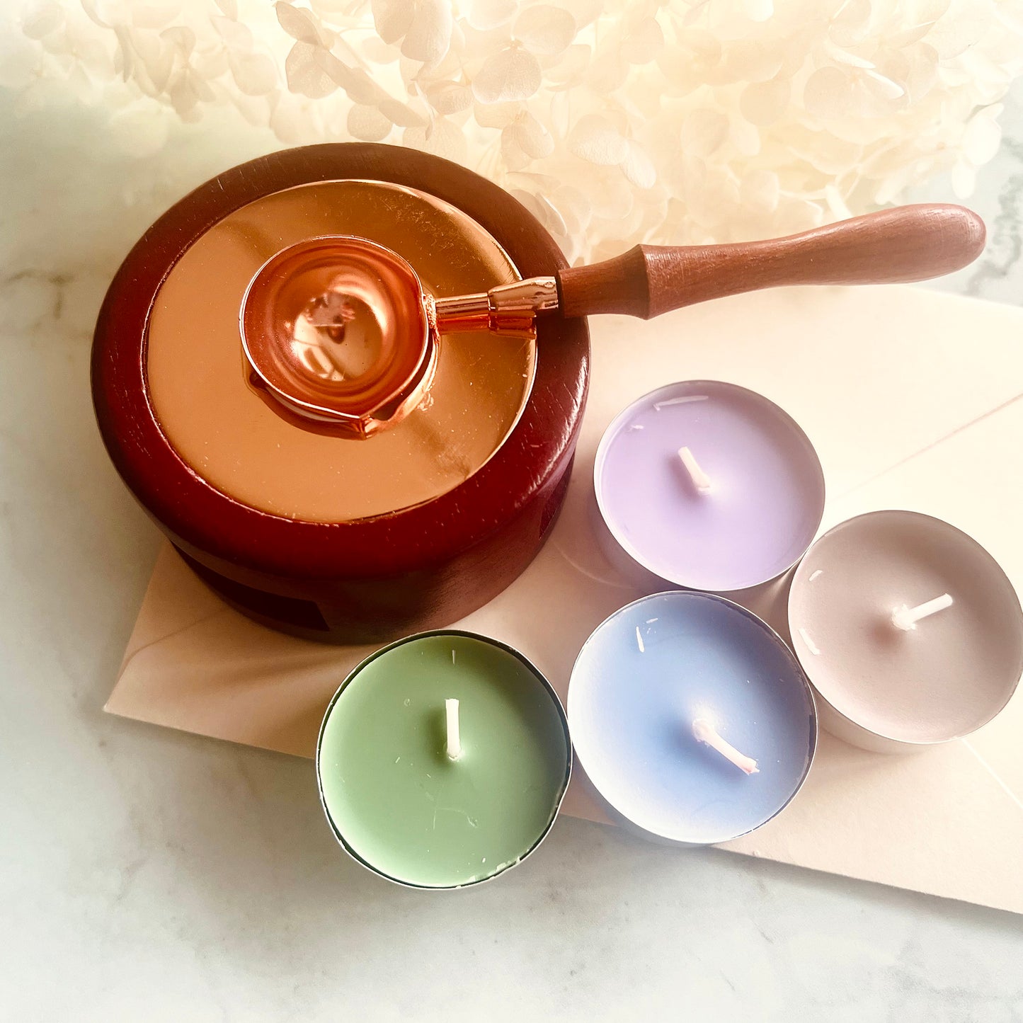 Wax Seal Melting Set with 4 Tealight Candles - Natural wood