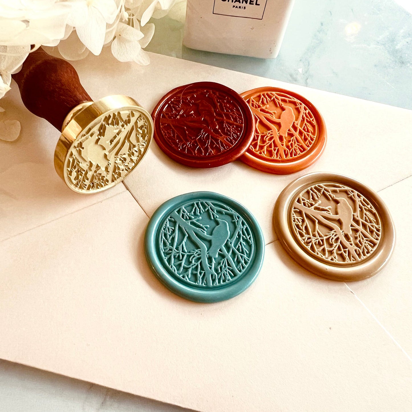 Crow on Tree Branch Wax Seal Stamp – Gothic Halloween Bird Brass Stamp size 30mm