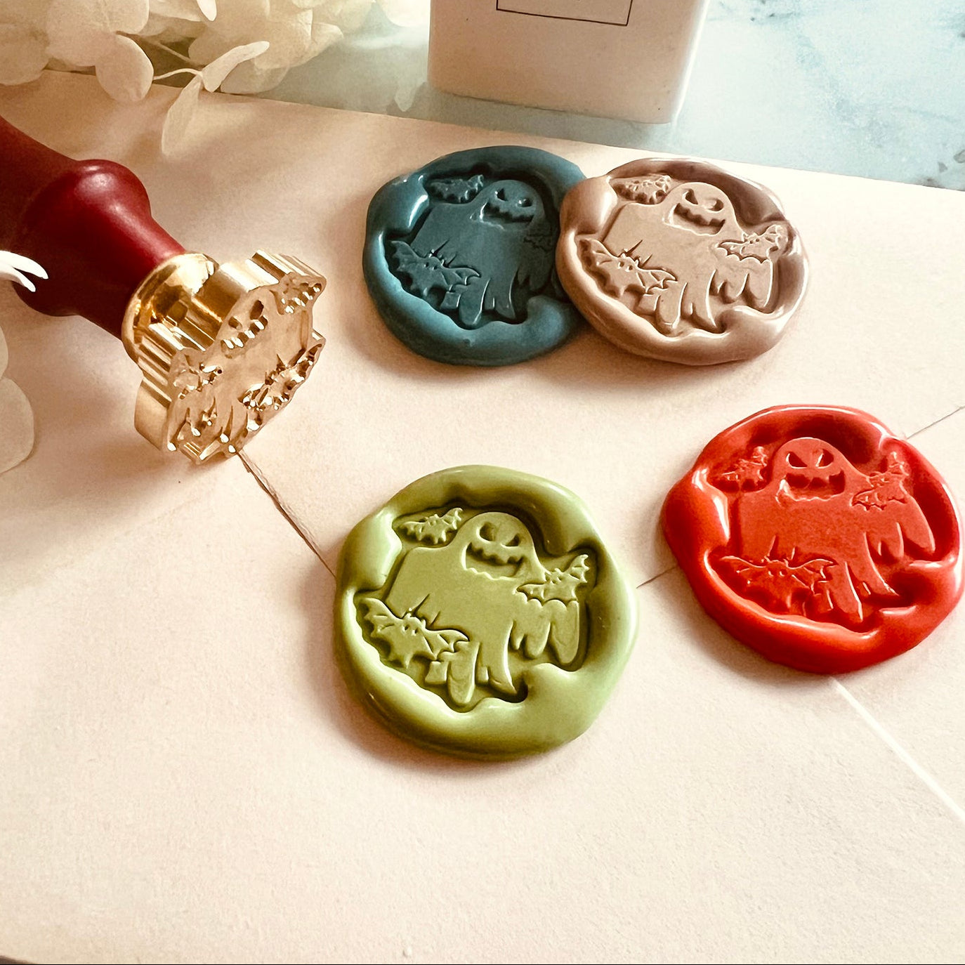 Ghost & Bats Halloween Brass Wax Seal Stamp – 25x25 mm