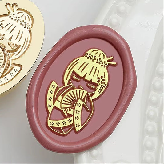 Japanese Kimono Girl Wax Seal Stamp – Kokeshi Doll with Fan Brass Stamp size 20x30mm