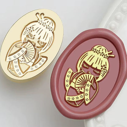 Japanese Kimono Girl Wax Seal Stamp – Kokeshi Doll with Fan Brass Stamp size 20x30mm