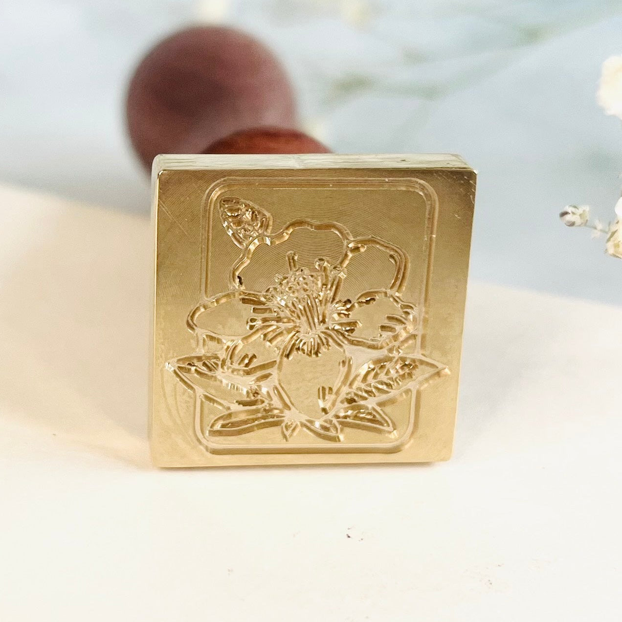 Floral Brass Wax Seal Stamp – Botanical Design, Square 25x25mm